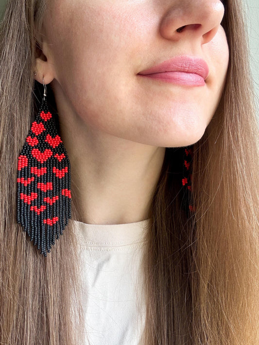 Handmade black beaded earrings with red heart fringe. Unique boho statement jewelry, perfect for Valentine’s Day, romantic gifts, and special occasions image 2