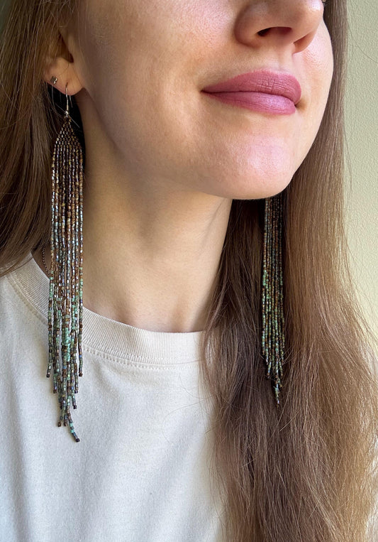Handmade long green and turquoise beaded boho earrings with flowing fringe image 2