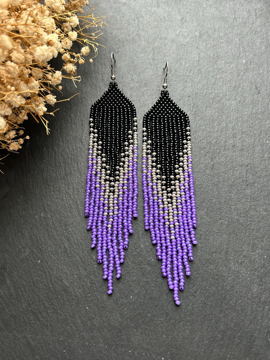 Long handmade black earrings with purple ombre and flowing fringe. Unique boho statement jewelry with elegant design, perfect gift for handmade jewelry lovers image 2