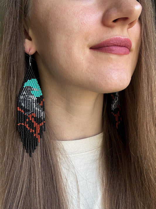 Long black beaded fringe earrings featuring gray raven and moon, handmade boho jewelry, perfect unique statement accessory image 2