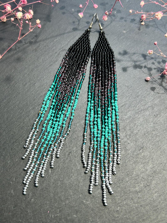 Handmade long black and green beaded fringe earrings with ombre design. Boho statement jewelry, lightweight and stylish image 2