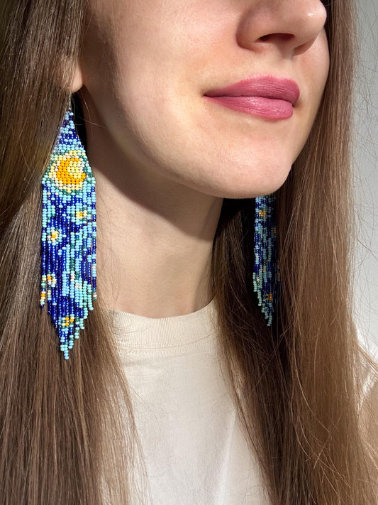 Long handmade “Starry Night” earrings with blue, yellow, and turquoise beads. Unique Boho statement jewelry inspired by Van Gogh, perfect for creative and artistic style image 2