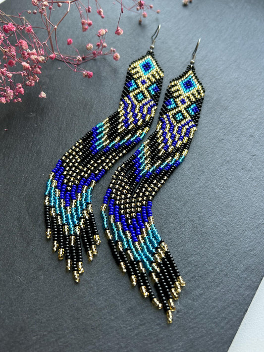 Handmade long black, blue, and gold beaded earrings with Native American ethnic design and fringe. Unique statement boho earrings for women image 2
