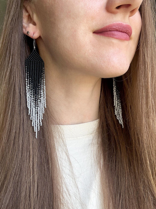 Long black matte beaded earrings with silver ombre fringe. Unique, vibrant, cute statement handmade boho earrings for women, eye-catching and perfect as a gift for her or for everyday wear image 2