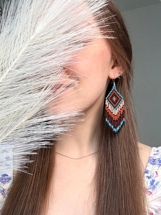 Handmade blue and brown beaded fringe earrings with geometric style. Unique bright boho statement jewelry with Native-inspired design and artisan beadwork image 2