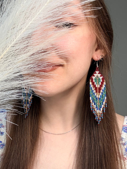 Unique handmade long beaded boho earrings in red, green, copper, blue, and beige. Native American statement earrings for women, unique gift for her image 2
