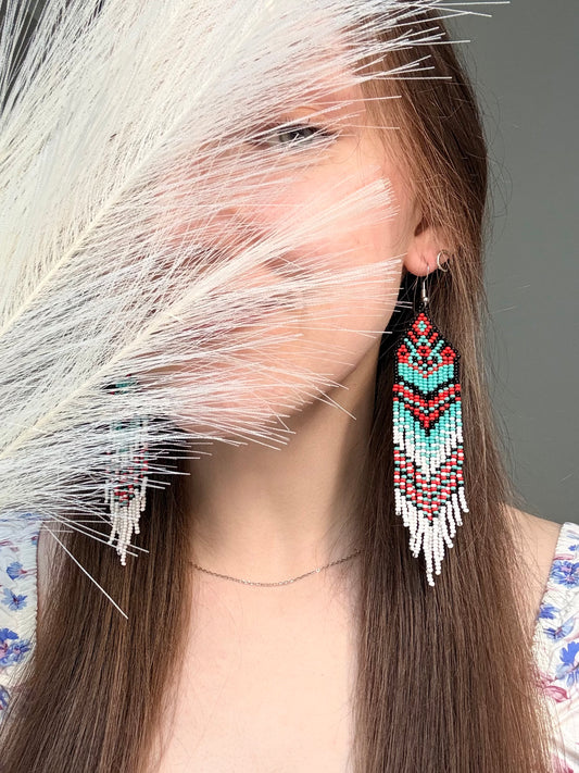 Handmade long beaded fringe earrings in red, black and turquoise with Native American motif. Boho statement dangle earrings for women, unique gift for her image 2