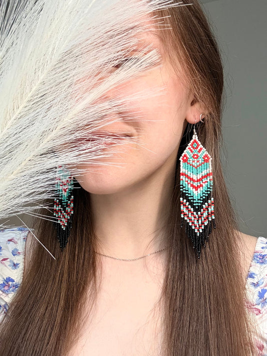 Handmade long bright beaded fringe earrings in red, black and turquoise. Native American motif, boho statement dangle earrings for women, unique gift for her image 2