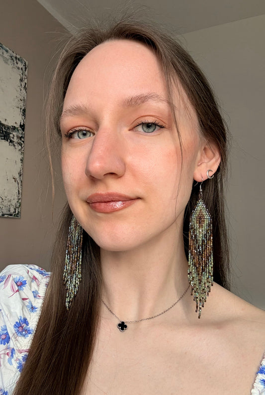 Handmade long beaded earrings in turquoise, green, and brown with fringe. Native American boho statement jewelry, unique artisanal accessory and perfect gift image 2