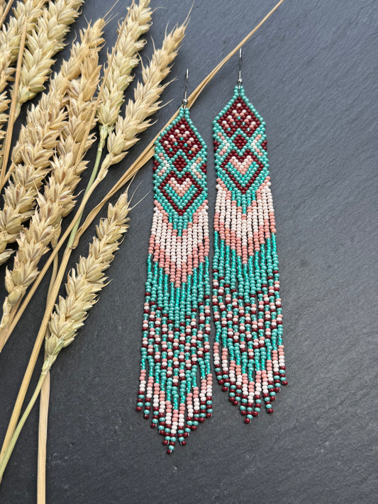 Unique handmade beaded dangle earrings with Native American motif in turquoise, beige and burgundy. Bright boho statement earrings for women, perfect gift image 2