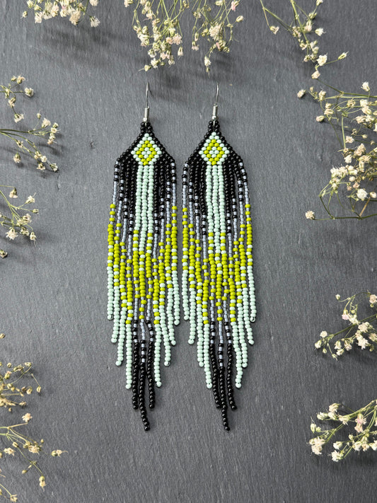 Unique Long black and green beaded ombre earrings with fringe, handmade boho statement jewelry image 2