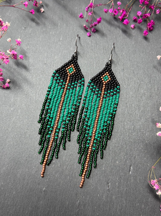 Long handmade black and green beaded earrings with fringe. Boho statement jewelry. Unique native-style statement jewelry, cute bright earrings for women image 2