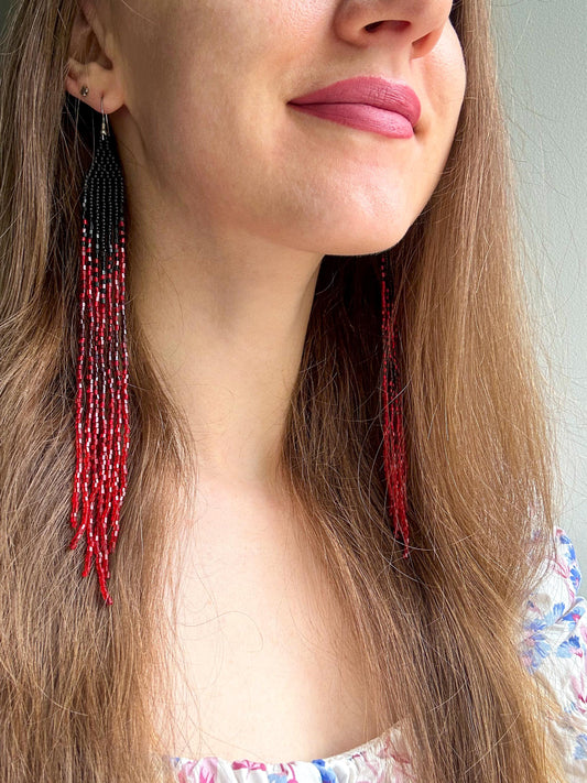 Long handmade black and red ombre beaded earrings with flowing fringe. Boho statement jewelry, unique artisanal accessory for bold everyday or evening style image 2