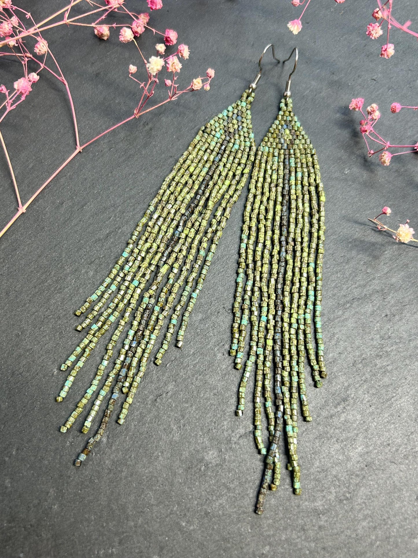 Long handmade green beaded earrings with fringe. Boho statement jewelry in natural shades, unique accessory for minimalist and artistic style image 8