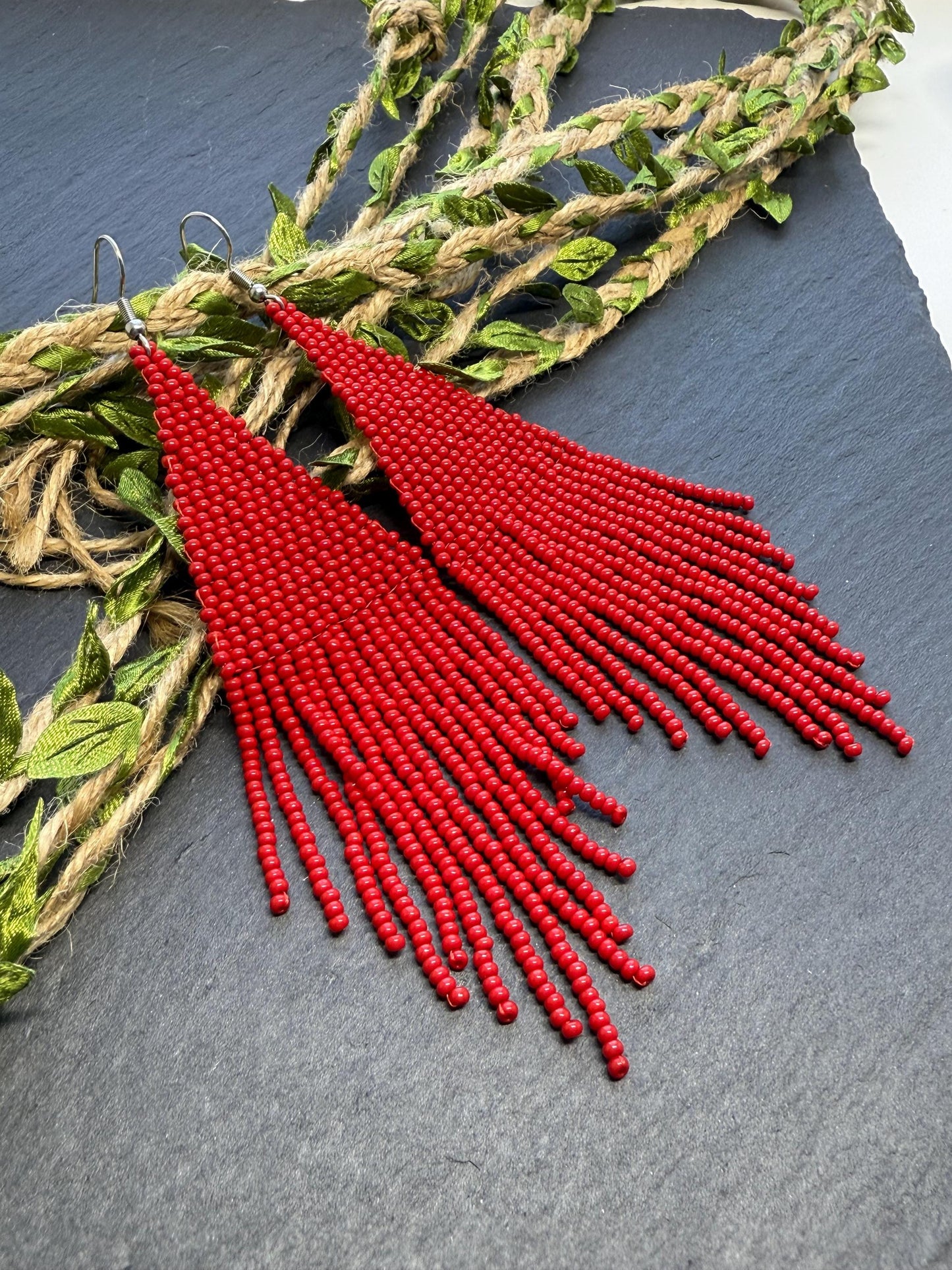 Unique handmade long red beaded dangle earrings with fringe in bright boho style. Modern statement jewelry for women, perfect gift for her imade 10