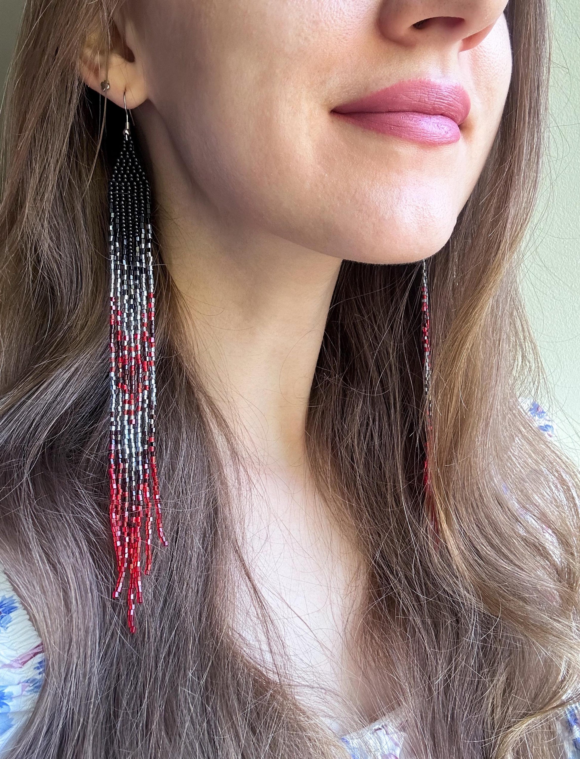 Handmade long beaded earrings in black, gray, and red ombre with flowing fringe. Boho statement jewelry, unique gift for lovers of artisan style image 2