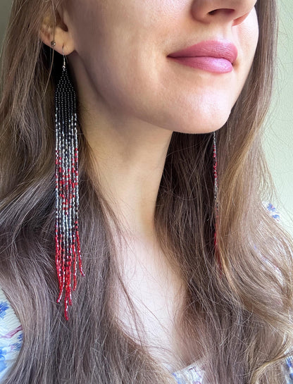 Handmade long beaded earrings in black, gray, and red ombre with flowing fringe. Boho statement jewelry, unique gift for lovers of artisan style image 2