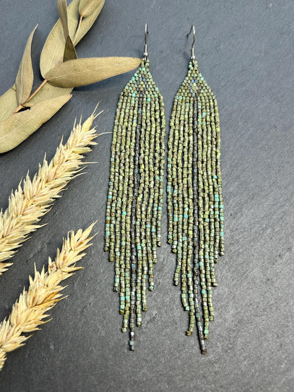 Long handmade green beaded earrings with fringe. Boho statement jewelry in natural shades, unique accessory for minimalist and artistic style image 6