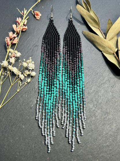 Handmade long black and green beaded fringe earrings with ombre design. Boho statement jewelry, lightweight and stylish image 9
