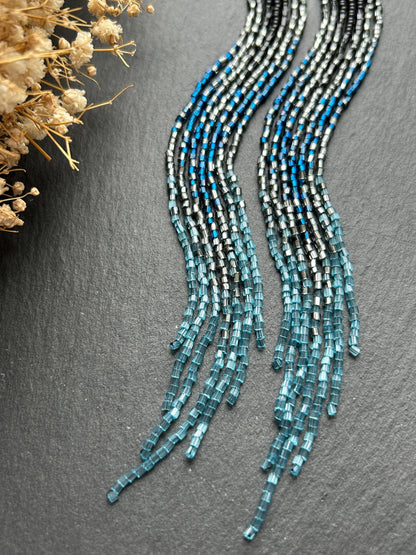 Long handmade black beaded earrings with blue gray ombre and flowing fringe. Boho statement jewelry, unique accessory for elegant style image 5