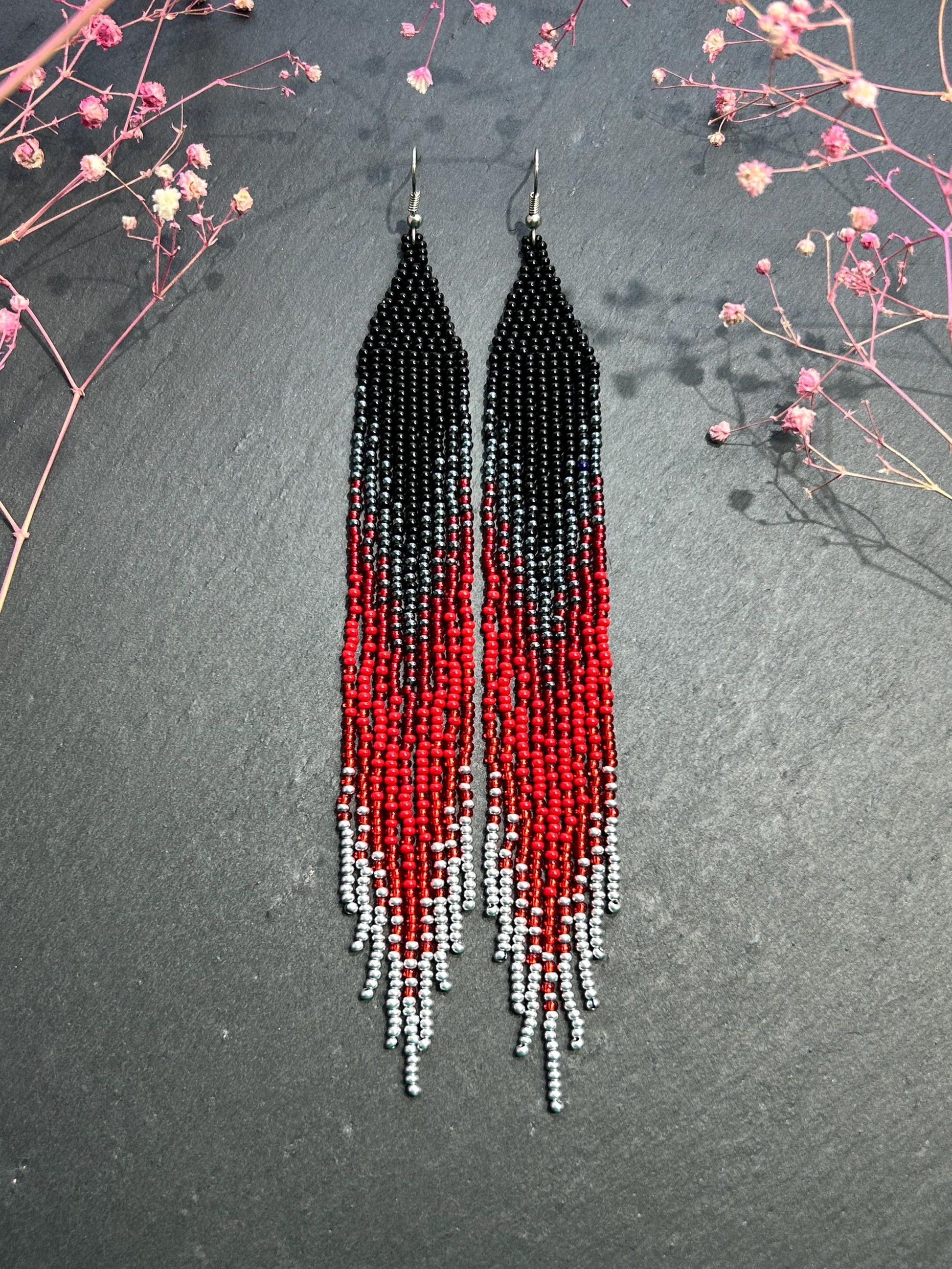 Long black and red ombre handmade beaded earrings with flowing fringe. Unique boho statement jewelry, perfect gift for women image 1
