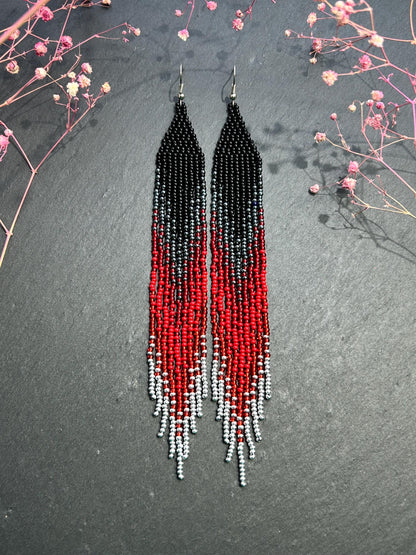 Long black and red ombre handmade beaded earrings with flowing fringe. Unique boho statement jewelry, perfect gift for women image 1