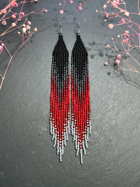 Long black and red ombre handmade beaded earrings with flowing fringe. Unique boho statement jewelry, perfect gift for women image 1