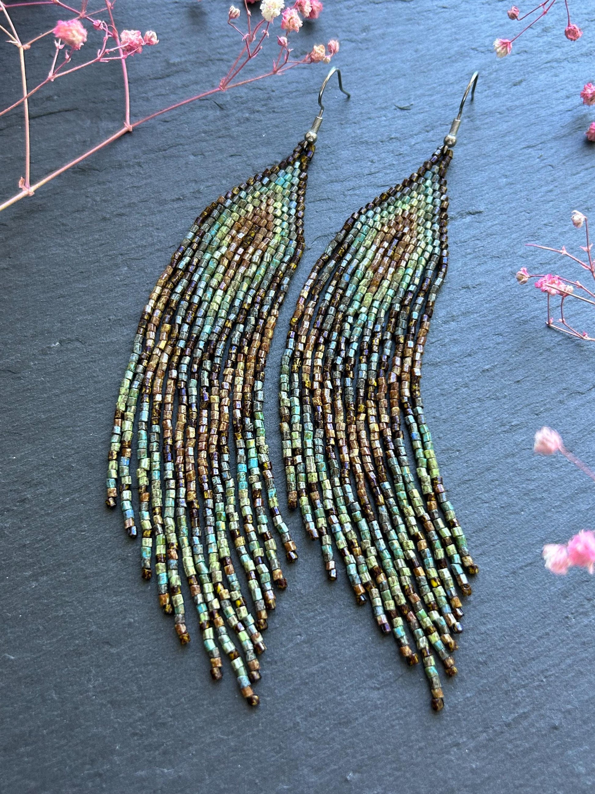 Handmade long beaded earrings in turquoise, green, and brown with fringe. Native American boho statement jewelry, unique artisanal accessory and perfect gift image 10