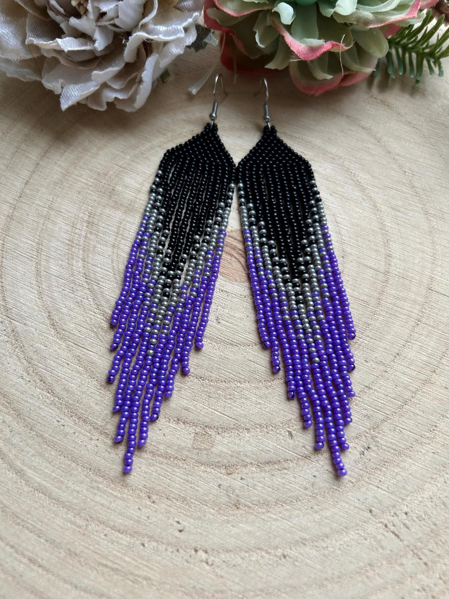 Long handmade black earrings with purple ombre and flowing fringe. Unique boho statement jewelry with elegant design, perfect gift for handmade jewelry lovers image 9