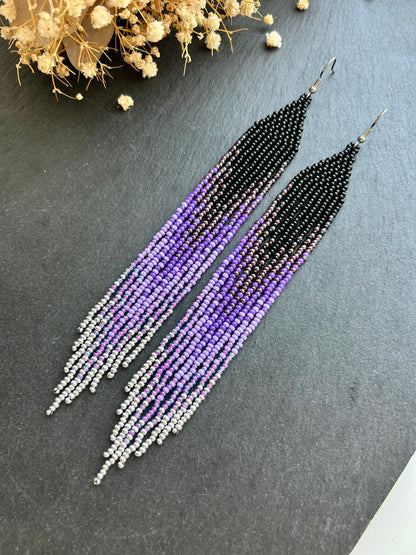 Long black beaded earrings in purple ombré style with fringe and silver tips. Handmade boho jewelry that is unique, vibrant, and adds elegance and movement  image 3