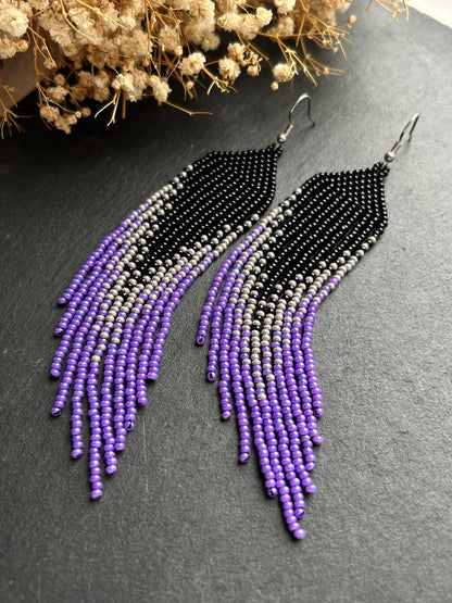 Long handmade black earrings with purple ombre and flowing fringe. Unique boho statement jewelry with elegant design, perfect gift for handmade jewelry lovers image 6