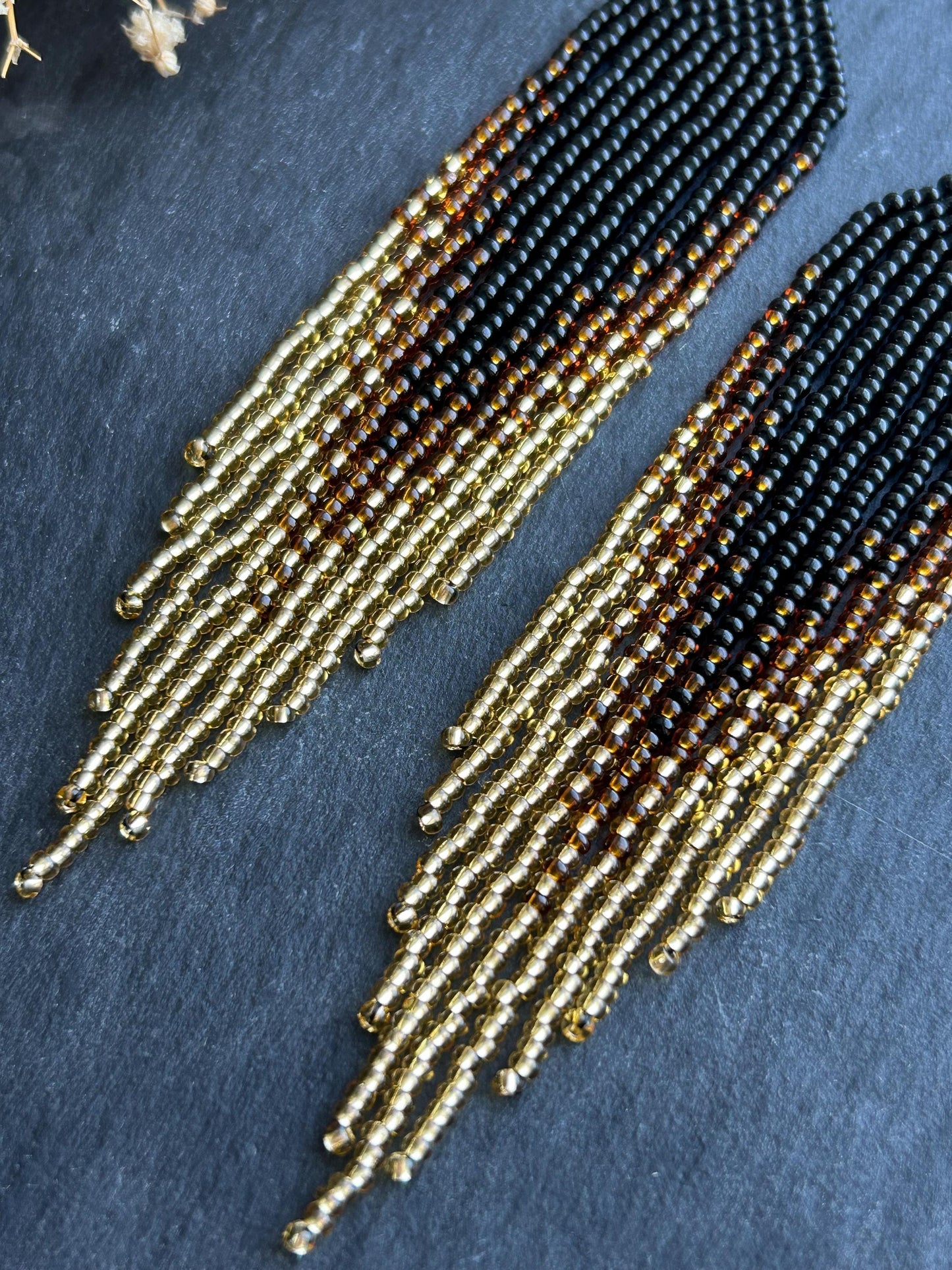 Handmade black beaded earrings with gold ombre and boho fringe. Unique statement jewelry with elegant shimmer, perfect gift for lovers of artisan style image 4