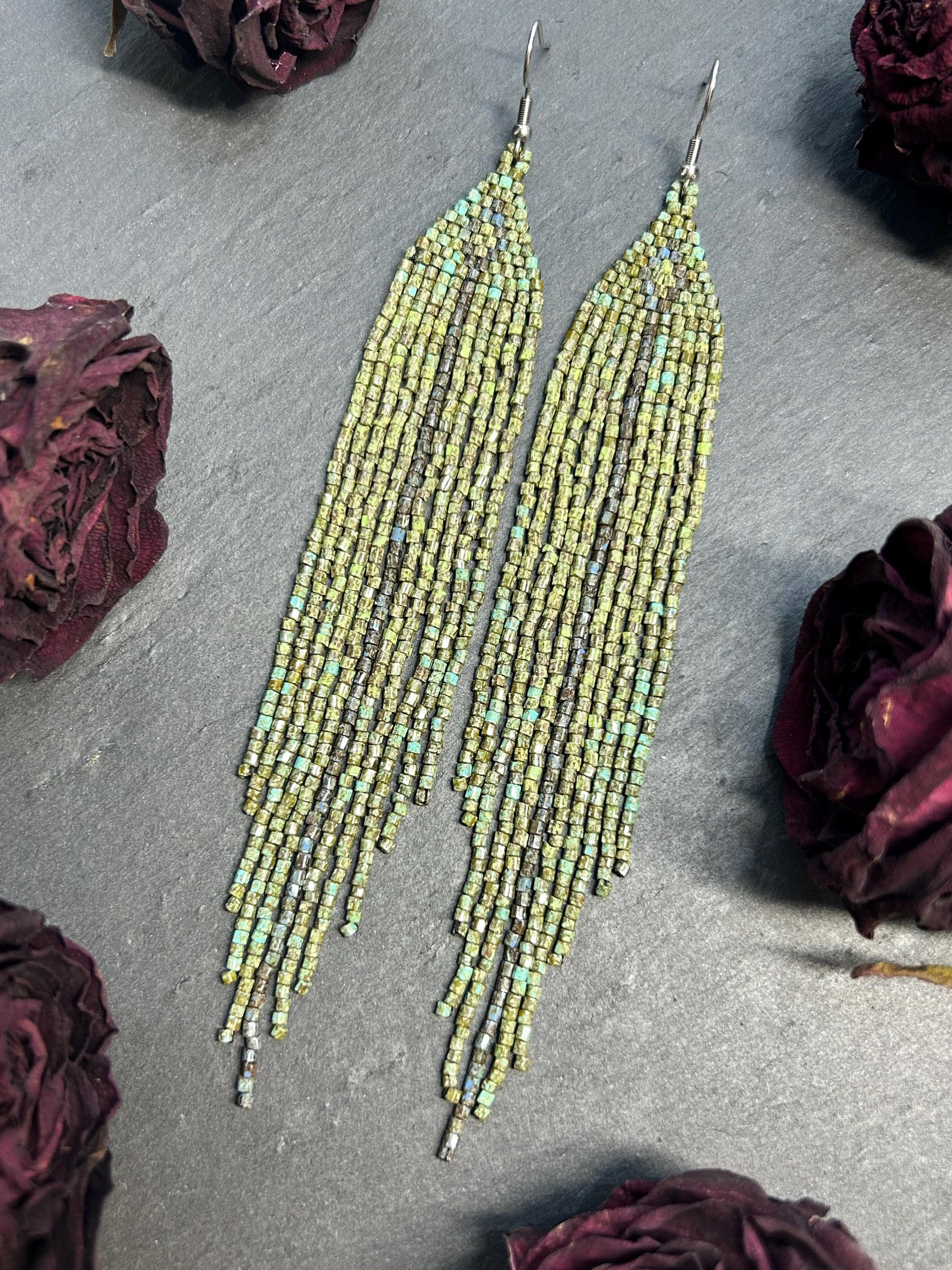 Long handmade green beaded earrings with fringe. Boho statement jewelry in natural shades, unique accessory for minimalist and artistic style image 10