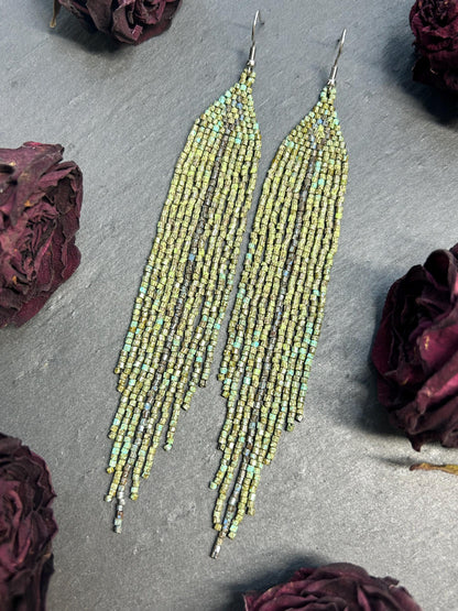 Long handmade green beaded earrings with fringe. Boho statement jewelry in natural shades, unique accessory for minimalist and artistic style image 10