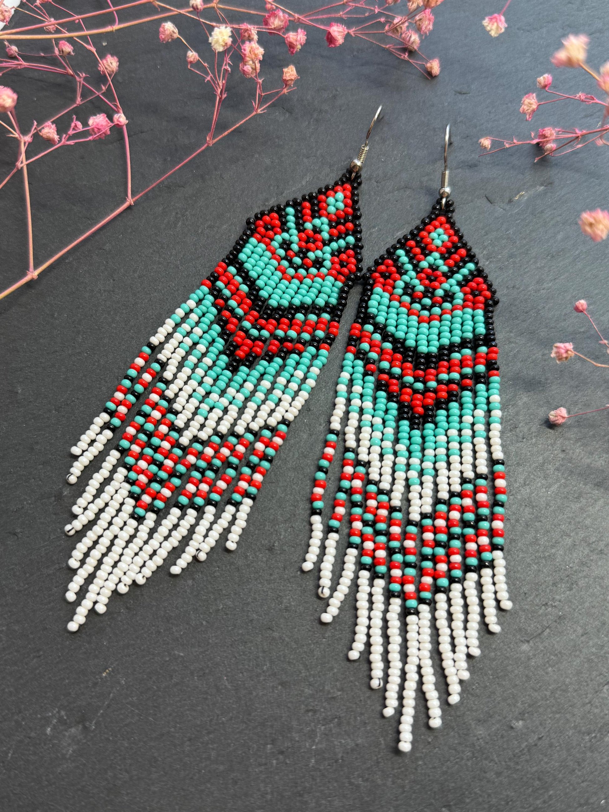 Handmade long beaded fringe earrings in red, black and turquoise with Native American motif. Boho statement dangle earrings for women, unique gift for her image 8