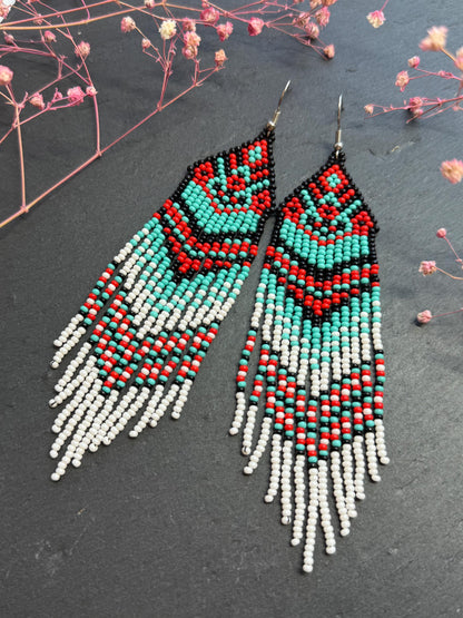 Handmade long beaded fringe earrings in red, black and turquoise with Native American motif. Boho statement dangle earrings for women, unique gift for her image 8