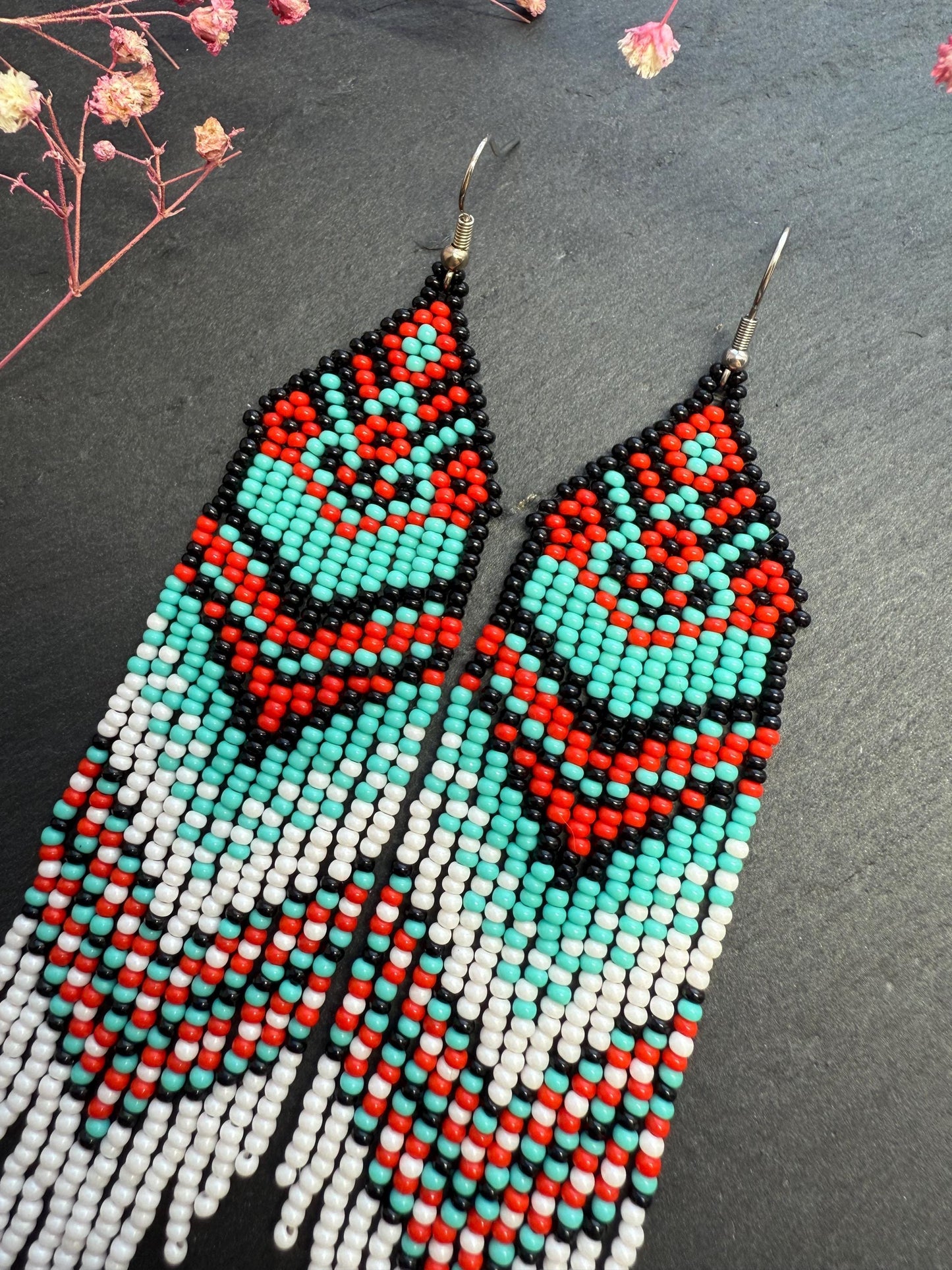 Handmade long beaded fringe earrings in red, black and turquoise with Native American motif. Boho statement dangle earrings for women, unique gift for her image 4