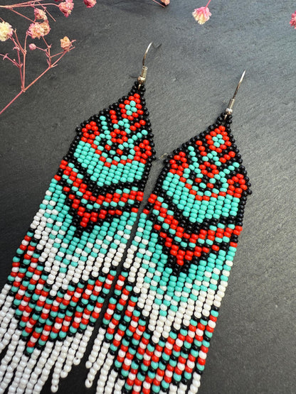 Handmade long beaded fringe earrings in red, black and turquoise with Native American motif. Boho statement dangle earrings for women, unique gift for her image 4