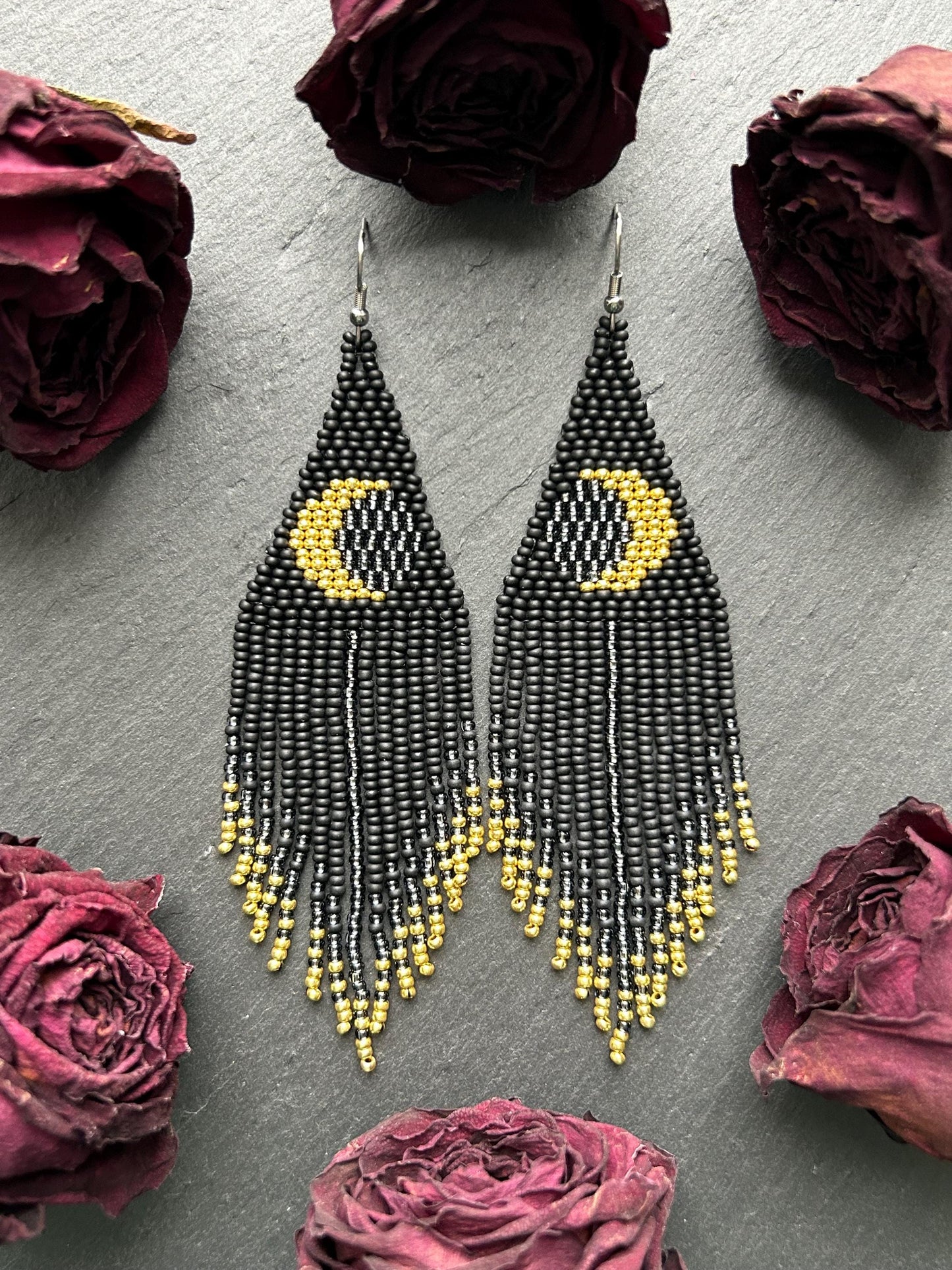 Handmade long black beaded earrings with golden lunar eclipse design and boho fringe. Unique statement jewelry image 10