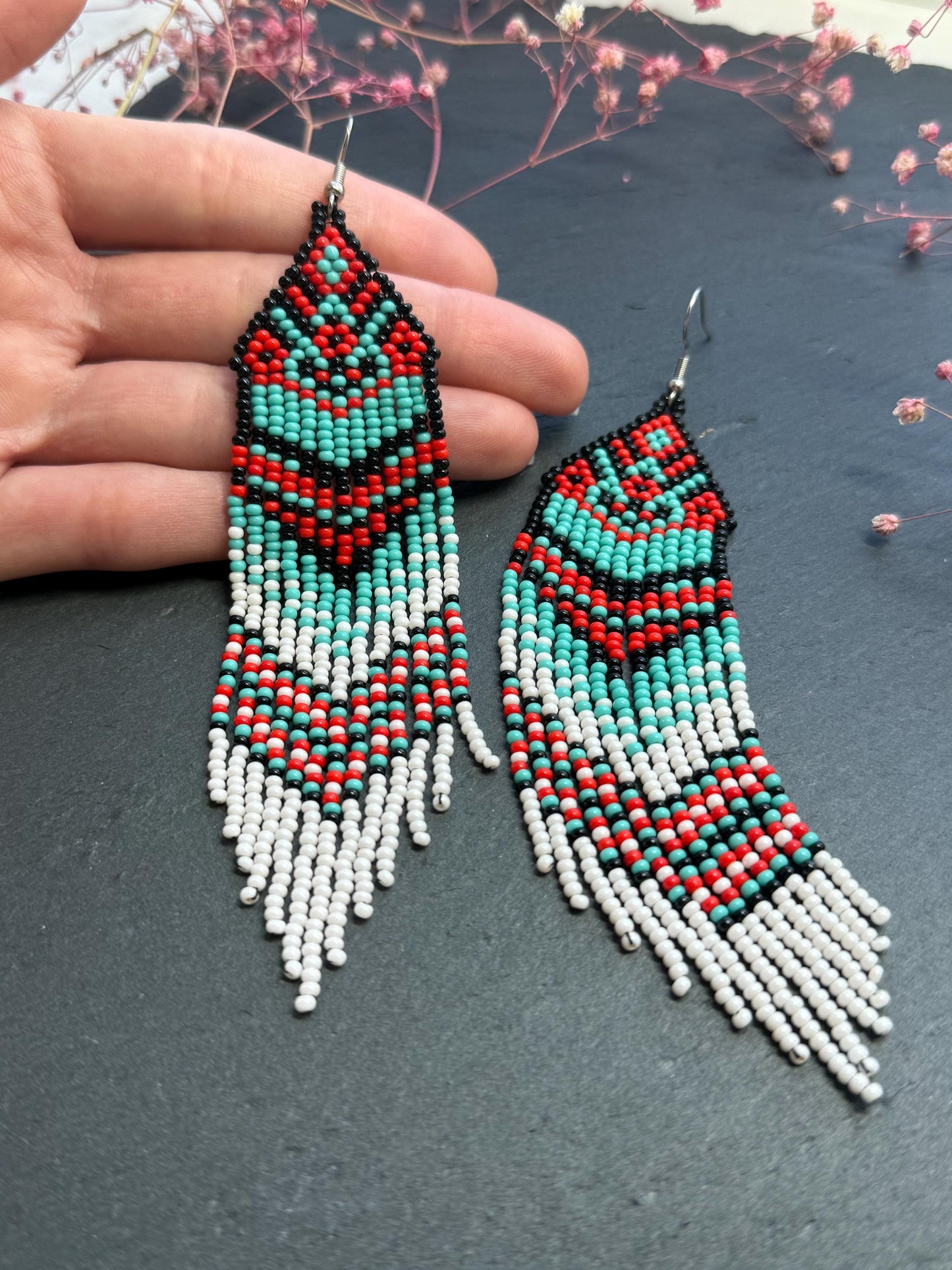 Handmade long beaded fringe earrings in red, black and turquoise with Native American motif. Boho statement dangle earrings for women, unique gift for her image 6