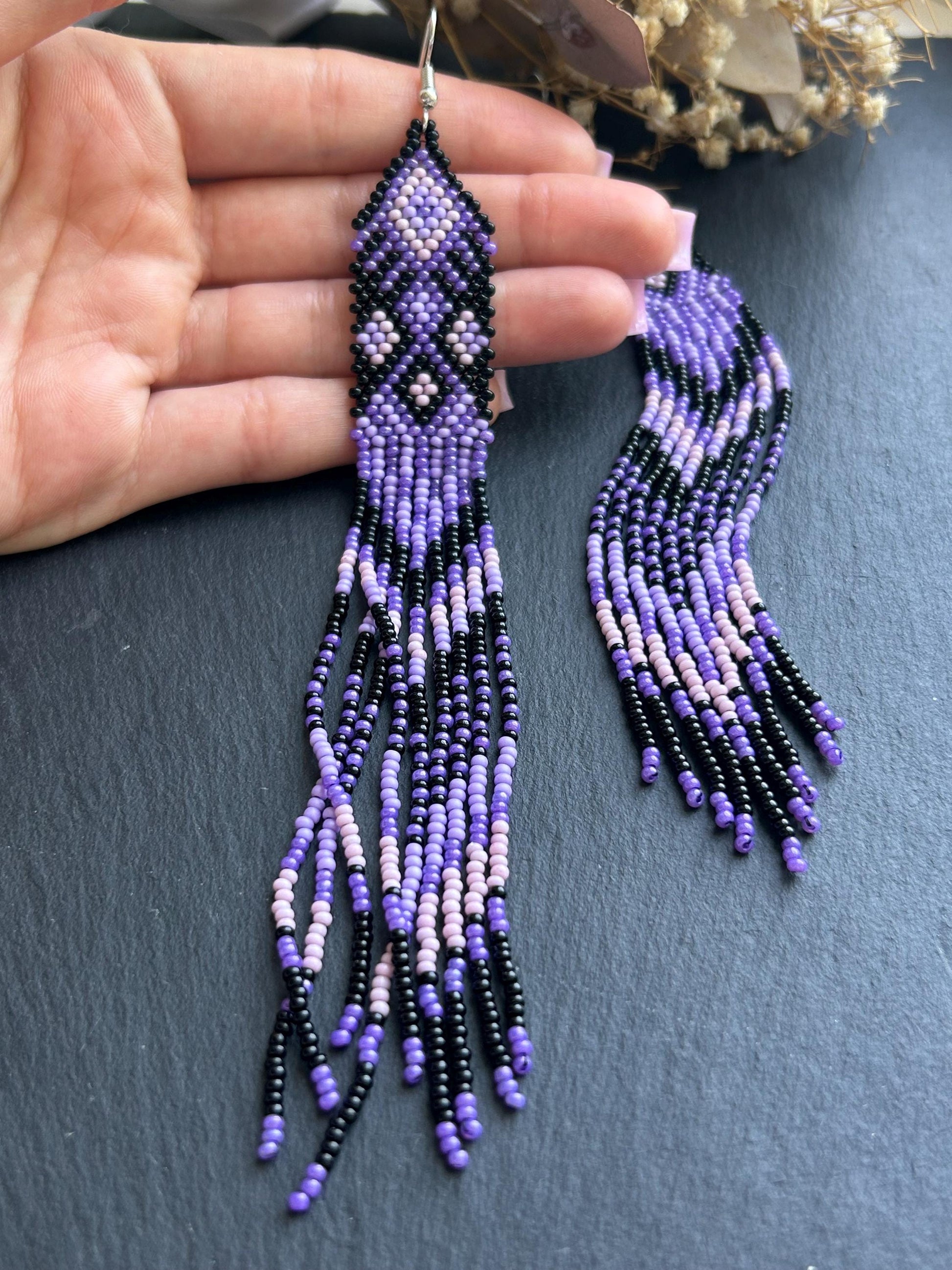 Handmade long black and purple native American beaded earrings with ethnic design and fringe. Cute statement earrings for women, unique gift for her image 4