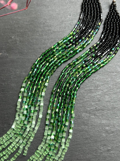 Handmade long black and green beaded earrings with ombre effect and fringe. Unique boho statement earrings for women, vibrant, stylish, and perfect gift image 5