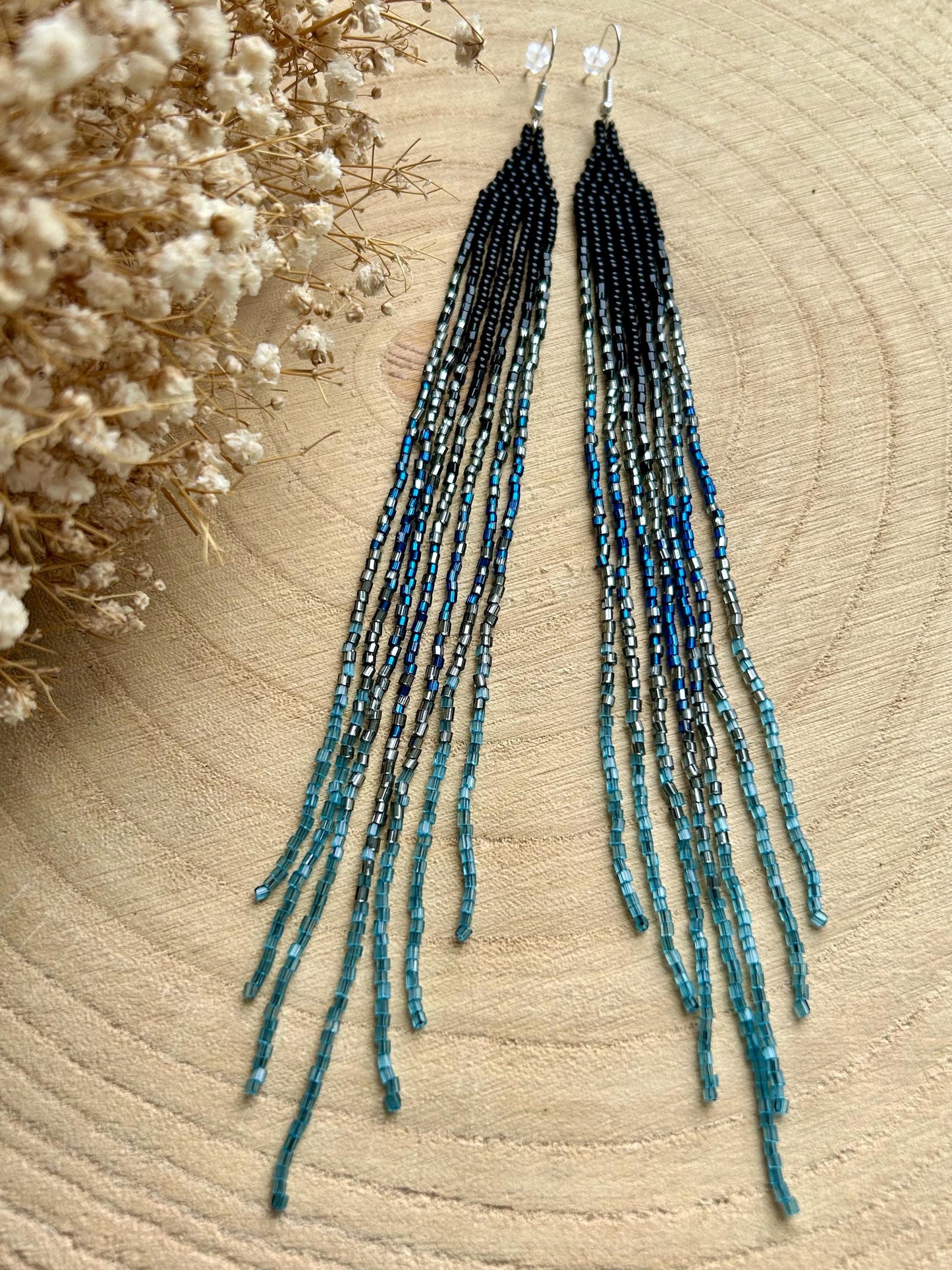 Long handmade black beaded earrings with blue gray ombre and flowing fringe. Boho statement jewelry, unique accessory for elegant style image 9