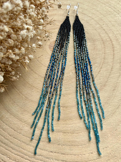 Long handmade black beaded earrings with blue gray ombre and flowing fringe. Boho statement jewelry, unique accessory for elegant style image 9