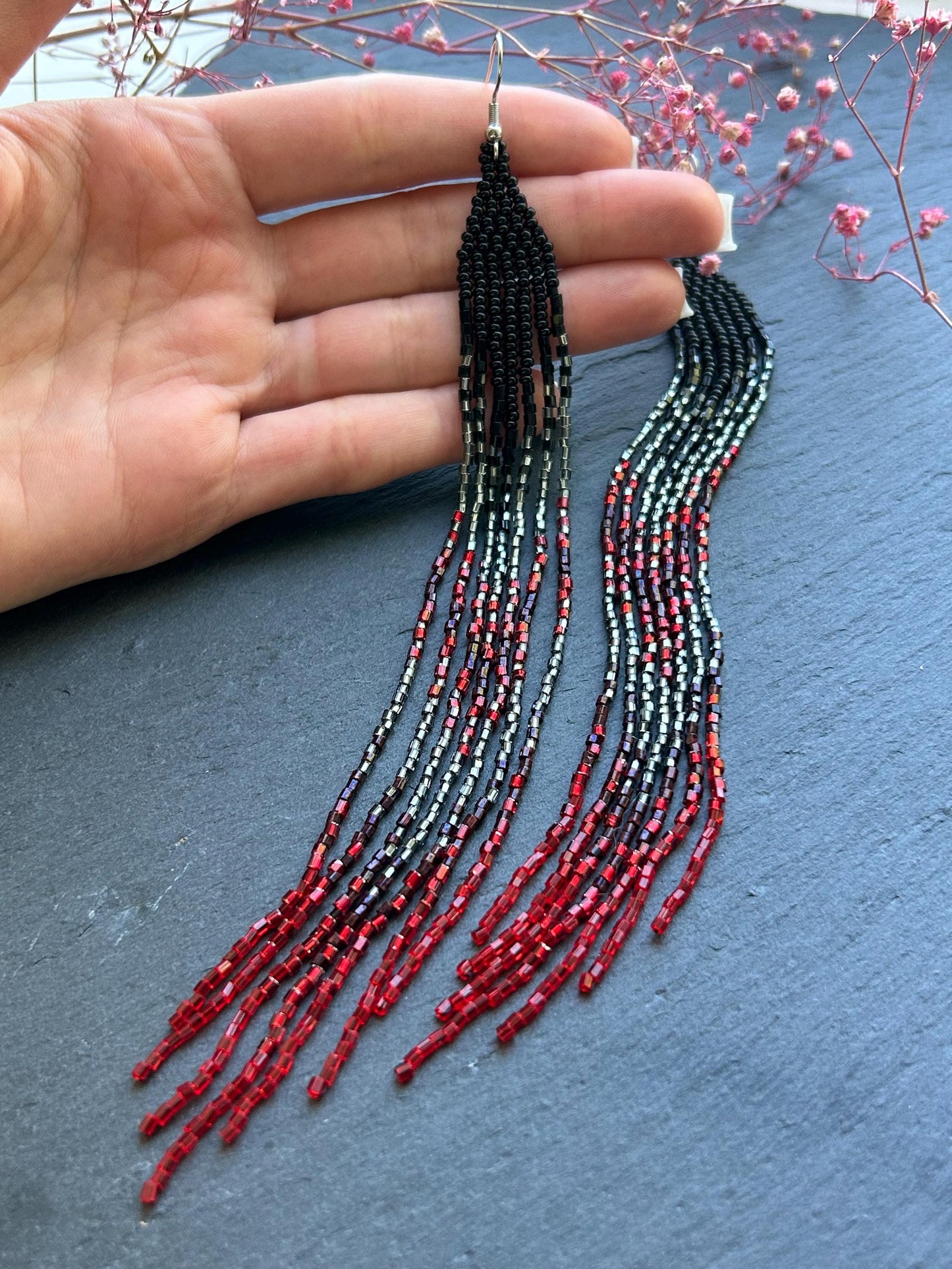 Handmade long beaded earrings in black, gray, and red ombre with flowing fringe. Boho statement jewelry, unique gift for lovers of artisan style image 4