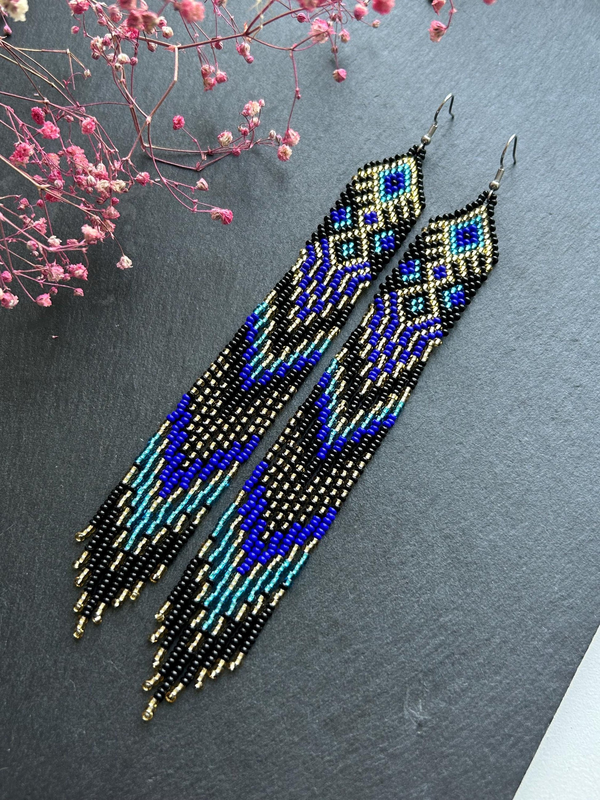 Handmade long black, blue, and gold beaded earrings with Native American ethnic design and fringe. Unique statement boho earrings for women image 7