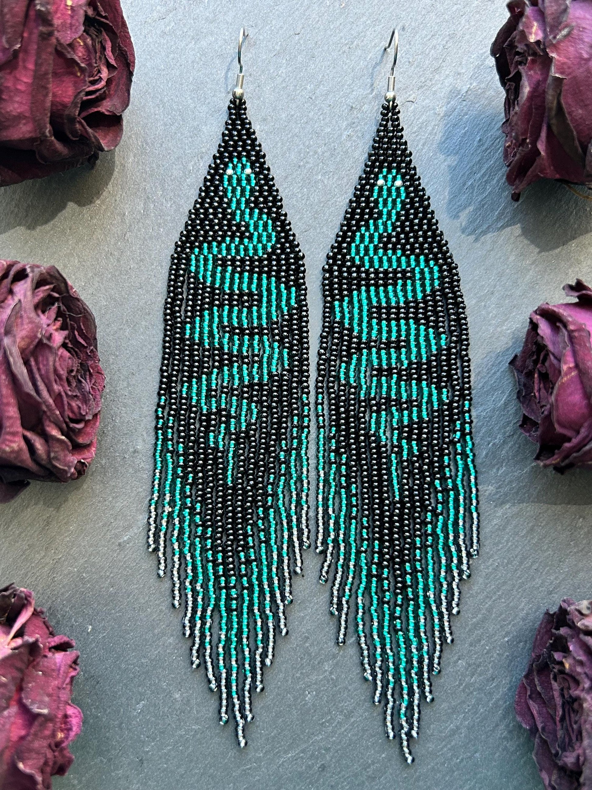 Handmade long beaded earrings with green snake design in boho style. Unique statement jewelry with fringe, perfect gift and standout accessory for any look image 9