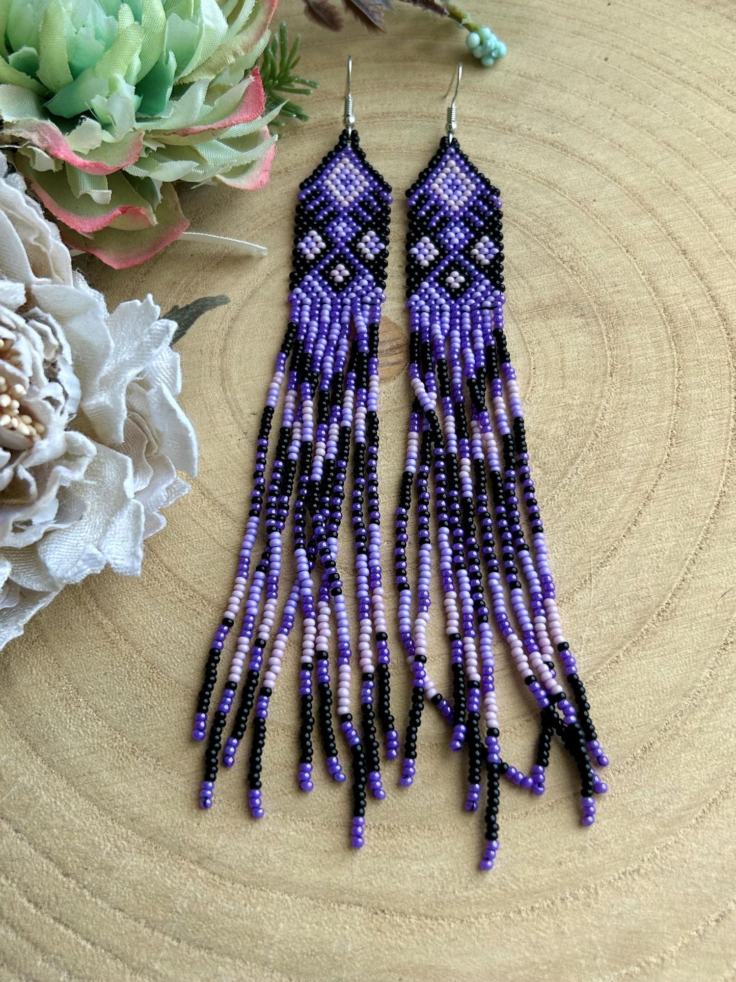 Handmade long black and purple native American beaded earrings with ethnic design and fringe. Cute statement earrings for women, unique gift for her image 8