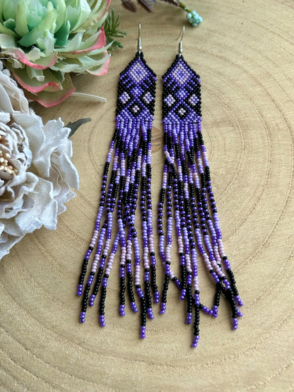 Handmade long black and purple native American beaded earrings with ethnic design and fringe. Cute statement earrings for women, unique gift for her image 8