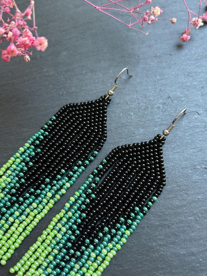 Long ombre beaded earrings in black and green with delicate fringe. Unique handmade jewelry for women, combining modern style with effortless elegance image 4